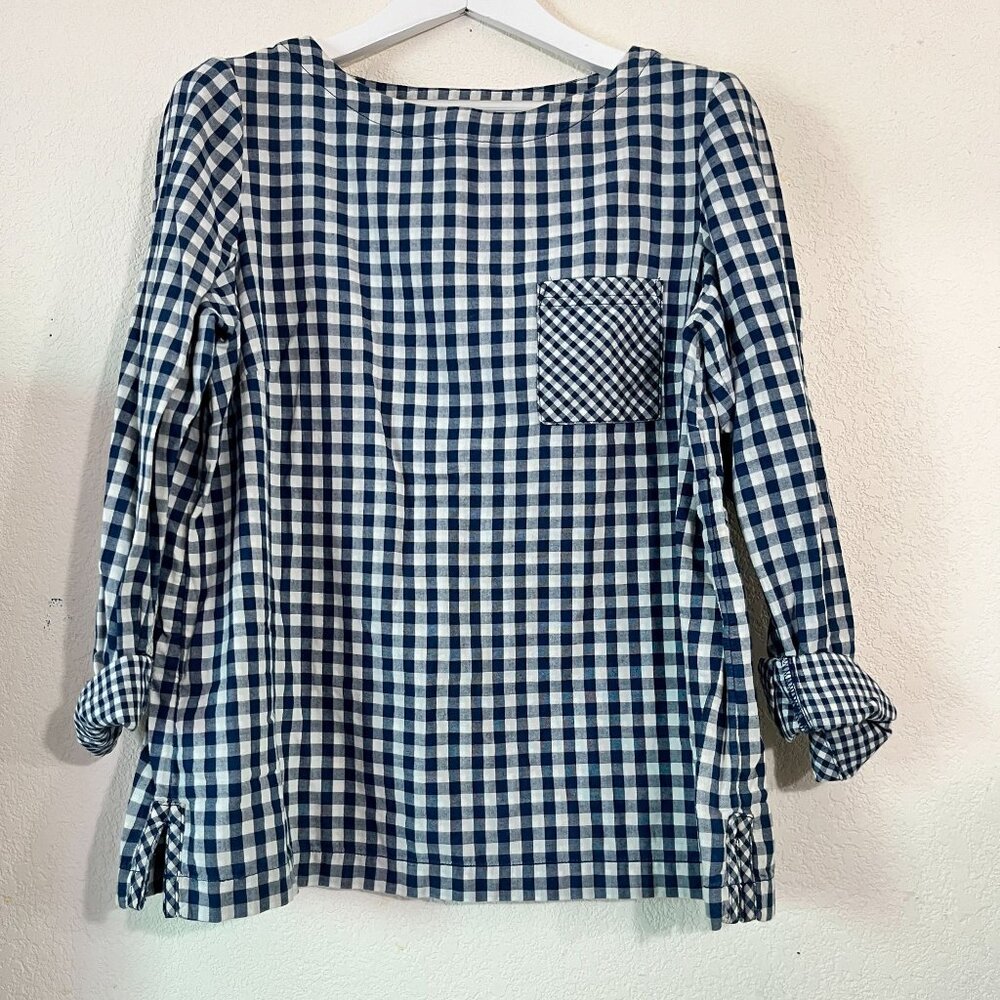 J. Jill Womens Blue Gingham Long-Sleeve Button-Back Top Blouse Medium Pocket